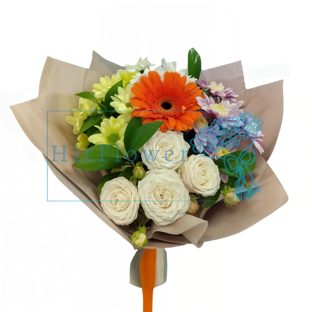 Букет цветов из: Розы, Герберы и Хризантемы